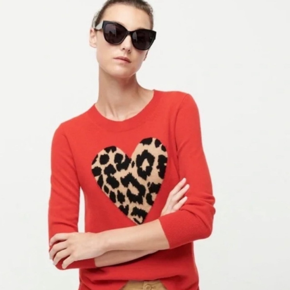 J. CREW 100% Cashmere Crewneck Sweater Red Leopard Print Heart 3/4 Sleeve XS - Picture 10 of 11